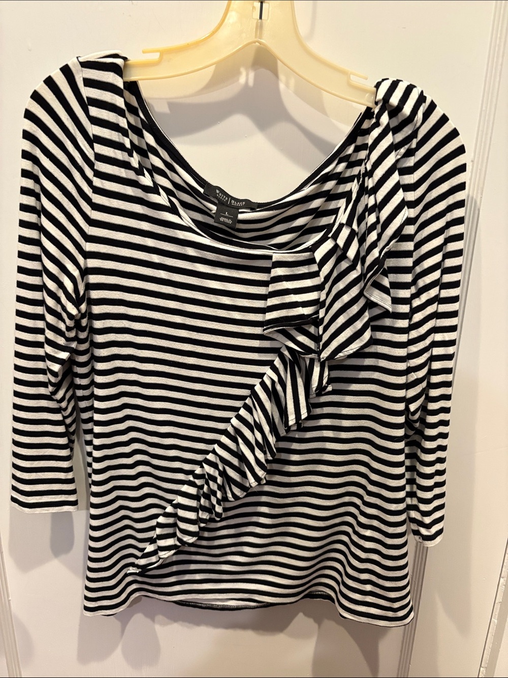 White House Black Market Black & White Striped Ruffle-Front Blouse BN512